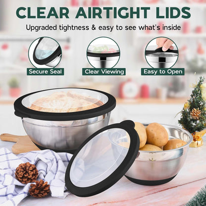 Mixing Bowls with Lids Set of 6 for Kitchen, Stainless Steel Metal Nesting Bowls with Non-Slip Bottom Black - Size 1, 1.5, 2, 2.6, 3.5, 7QT2