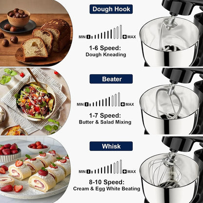 Stand Mixer, 4.2QT+5.3QT Two Bowls Electric Food Mixer, 10 Speeds with Digital Setting 3-IN-1 Kitchen Mixer for Baking Cakes Cookie Bread Salad with Egg Whisk,Dough Hook,Flat Beater2