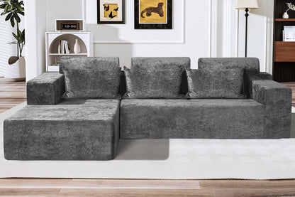 105" L-Shape Modular Sectional Sofa Couch for Living Room,No Assembly Required,Modular Comfy Sofa with Deep Seat for Living Room Bedroom,Luxury Distressed Velvet(Left,Grey)1