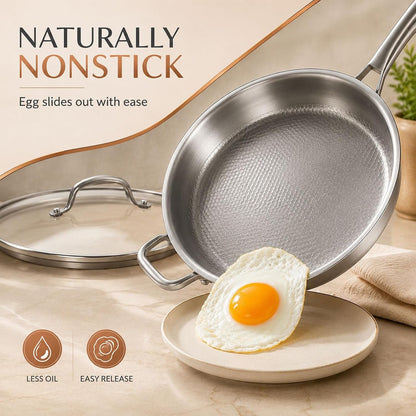 Titanium Frying Pan Pure with Lid, Uncoated Hammered Deep Skillet for Cooking, PFAS/PFOA/PTFE Free Nonstick Cookware, Scratch Resistant, for Induction & Gas, Oven, Dishwasher Safe,9.44In3