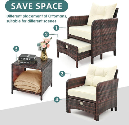 5 Pieces Patio Furniture Set, Rattan Balcony Furniture with Ottomans, PE Wicker Outdoor Patio Chairs Set with Coffee Table for Poolside, Porch, Lawn, Garden, Balcony(Beige)6