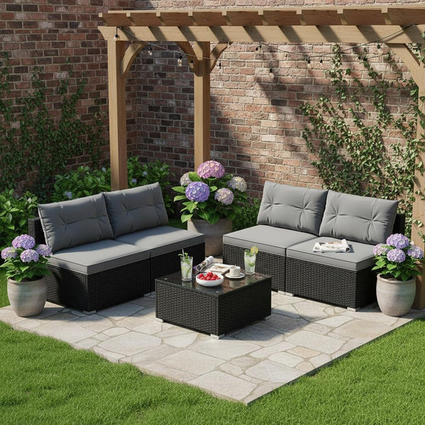 5 Pieces Wicker Patio Furniture Set, Outdoor 4 Armless Rattan Sofa & Coffee Table Set, with Cushions, Acacia Wood Tabletop, Sectional Patio Conversation Set for Lawn, Yard, Poolside, Grey2