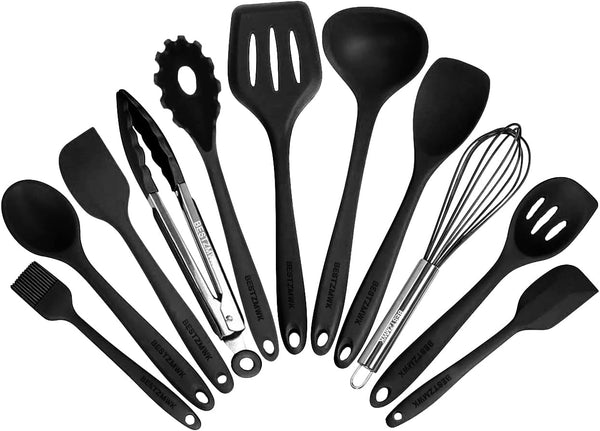 Kitchen Utensil Set - 11 Cooking Utensils - Colorful Silicone Kitchen Utensils - Nonstick Cookware with Spatula Set - Colored Best Kitchen Tools Kitchen Gadgets (Black)1