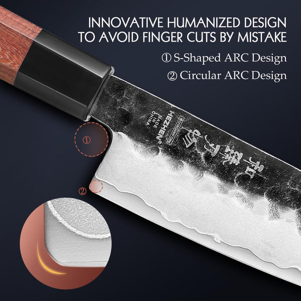 5.5 Inches Santoku Knife, Three-Layer Clad Steel, Professional Small Japanese Chef Knife, Ultra Sharp Blade, Red Wood Octagonal Handle5