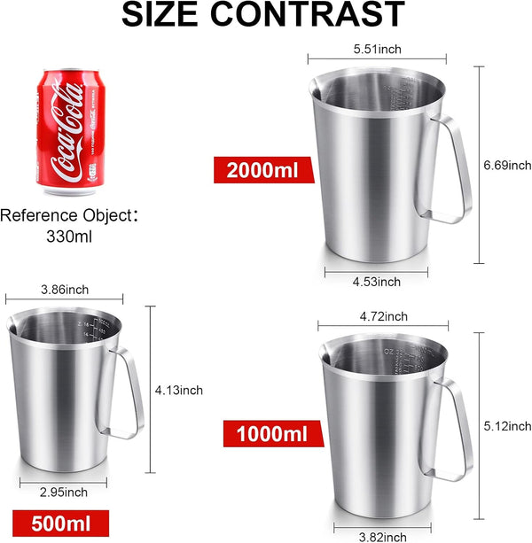 3 Pack Stainless Steel Measuring Cups, 16/32/64 Oz Metal Pitchers4