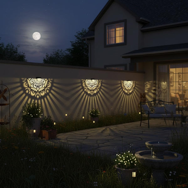 6 Pack Solar Fence Lights Outdoor Wall Lights Black Plastic Solar Powered Deck Step Stair Lights Mandala Theme Waterproof Fence Solar Light for Garden Post Patio Backyard Yard Decor2