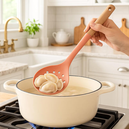 5Pc Beech Wood and Silicone Kitchen Utensils Set Meal Prep Cooking Baking Supplies Home Essentials, Coral Peach6