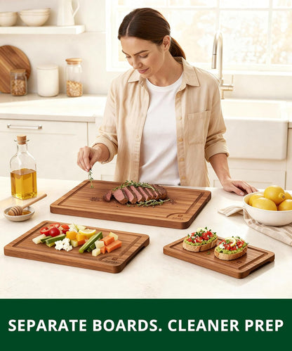 Wooden Cutting Boards for Kitchen Appliances - Non Toxic Bamboo Wood Cutting Board Set with Deep Juice Groove, Side Handles, Charcuterie & Butcher Block for Meat, Meal Prep & Serving7