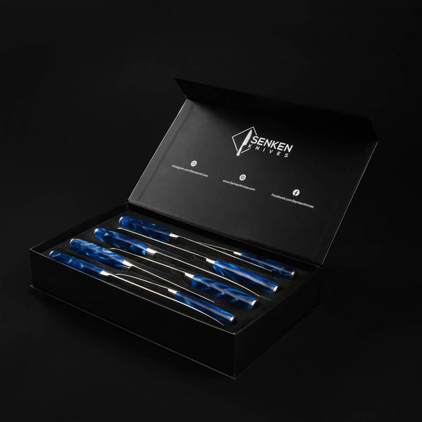 SENKEN 8-Piece Japanese Knife Set - Blue Resin Handle, Laser Damascus Blades - Chef'S, Santoku, Bread & Paring Knives6