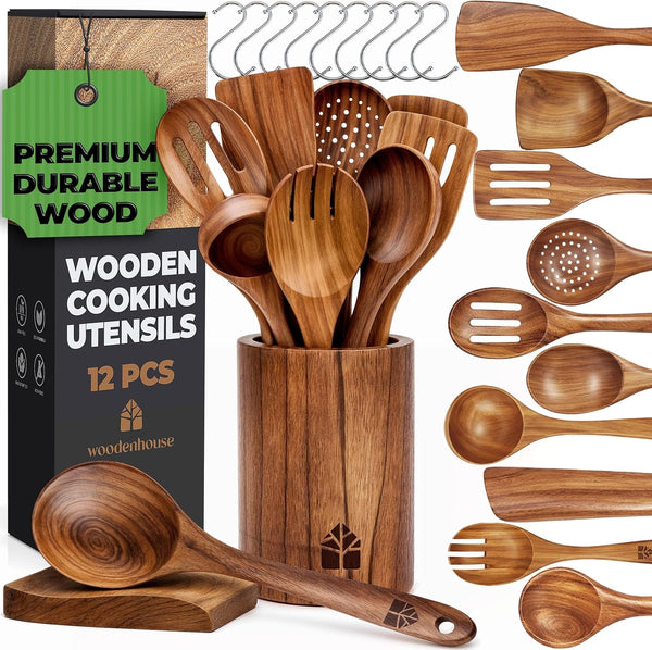 Wooden Spoons for Cooking, 12 Pcs Teak Utensil Set with Holder & Hooks1