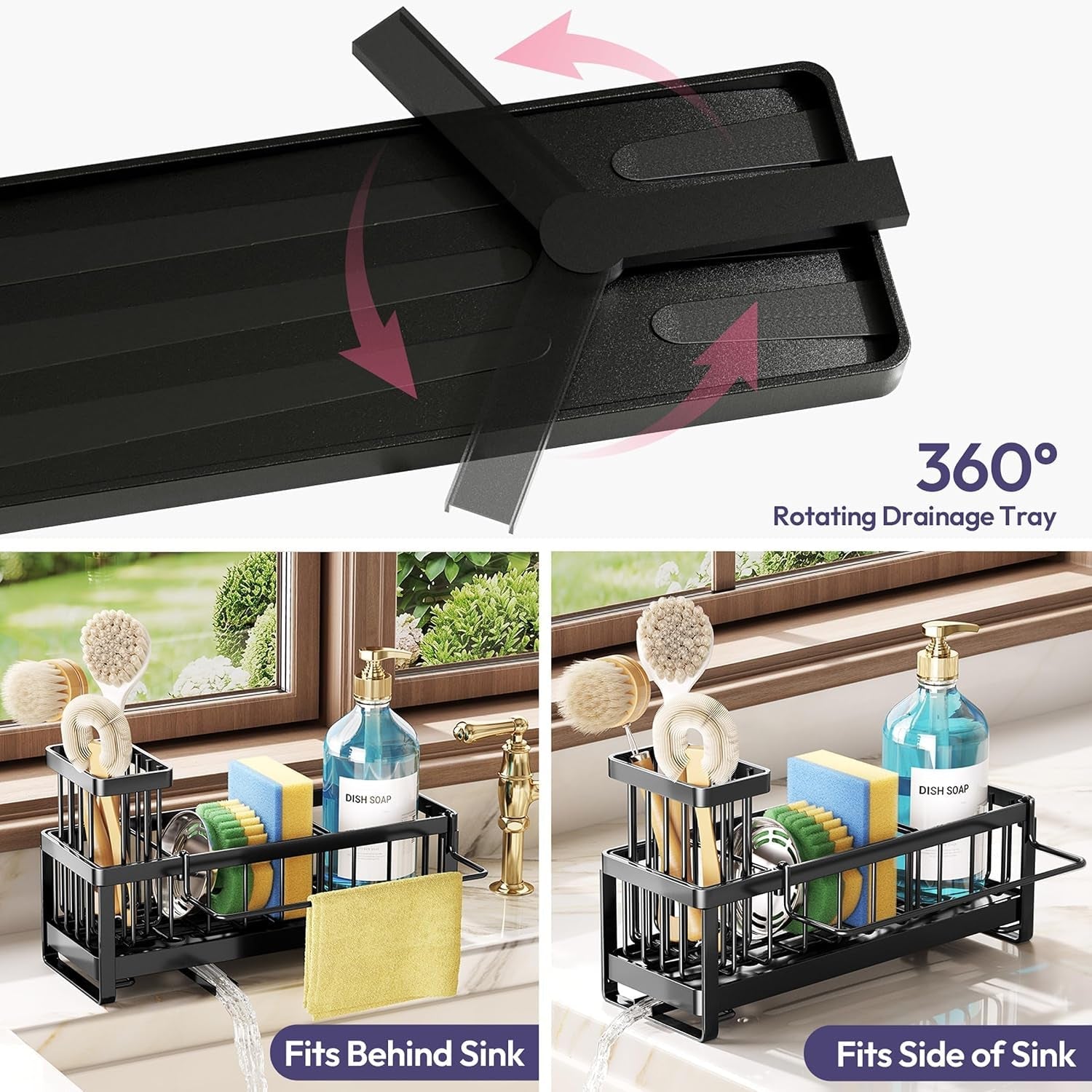 sponge-holder-for-kitchen-sink-sink-caddy-with-brush-holder-self-draining-sponge-caddy-organizer-with-divider-stainless-steel-kitchen-accessories-storage-for-countertop-black