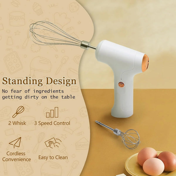 Cordless Hand Mixer, Handheld Electric Whisk with 3 Speed Modes, Hand Held Egg Beater with 2 Detachable Stir Whisks (White)2