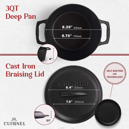 Cast Iron Dutch Oven - 3-Quart Deep Pot + Lid + Pan Scraper + Handle Covers - Large Pre-Seasoned Cooker for Baking Bread, Soup, Frying - Indoor/Outdoor - BBQ Cookware. PFAS and Pfoa-Free2
