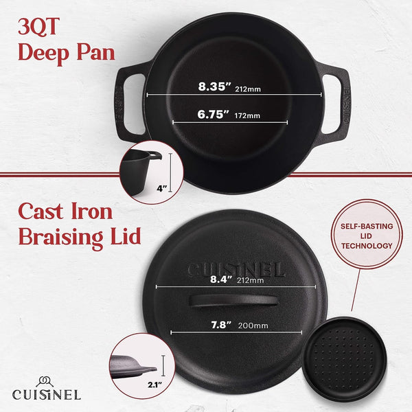 Cast Iron Dutch Oven - 3-Quart Deep Pot + Lid + Pan Scraper + Handle Covers - Large Pre-Seasoned Cooker for Baking Bread, Soup, Frying - Indoor/Outdoor - BBQ Cookware. PFAS and Pfoa-Free2
