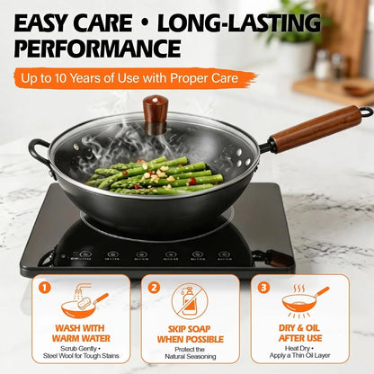 13In Carbon Steel Wok Pan with Glass Lid, Pre-Seasoned Flat Bottom Wok | Wok for Gas Electric Induction Cooktops,Naturally Seasoned Stir Fry Pan with Wooden Handle for BBQ Camping Everyday Cooking4