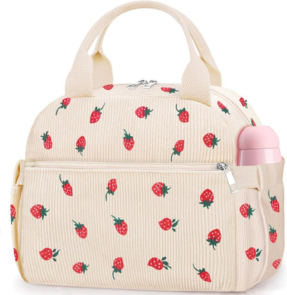 Lunch Box for Women, Cute Strawberry Corduroy Insulated Lunch Bag Women Reusable Work Leakproof Simple Adults Large Lunch Boxes Tote Bag Men Cooler Bag1
