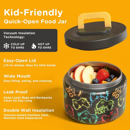 Bento Lunch Box for Kids with 8Oz Soup Thermo,Leak-Proof Lunch Containers with 5 Compartment,Thermo Food Jar and Lunch Bag, Food Containers for School (A-Black(Game Consoley))3