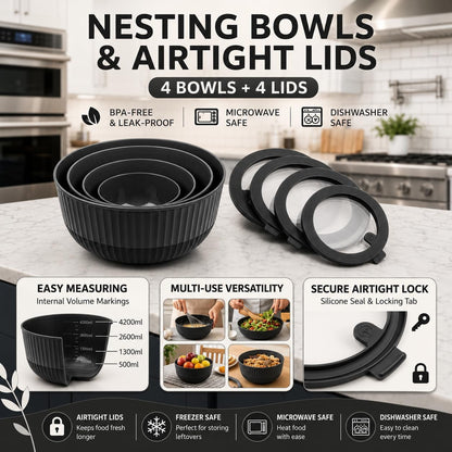 Dora Plastic Mixing Bowls with Lids, 8-Piece Airtight Leak-Proof Nesting Bpa-Free Prep Bowl Set for Kitchen & Food Storage, Large 4200Ml Capacity, Microwave & Dishwasher Safe(Black)2