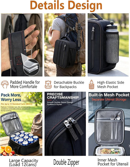 Lunch Box Insulated Lunch Bag for Men Teen Kids Boys Adult Portable Stylish Small Lunchbox Special Design for Working Office School Picnic (Black 6L(Without Shoulder Straps))6