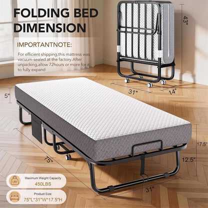 Folding Bed with Memory Foam Mattress Portable Rollaway Guest Beds on Wheels, 75"X31" Twin Size Space-Saving Cot-Size Bed for Adults with Easy Assembly Metal Frame (White)3