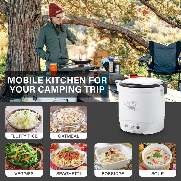 Mini Rice Cooker, 12V 100W 1L Portable Electric Multifunctional Rice Cooker Food Steamer Meal Heater Food Warmer for Travel (White)3