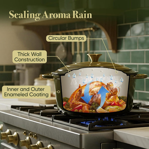 Vintage Style 6 Quart Dutch Oven Pot with Lid, Non Stick Enameled Cast Iron Dutch Oven for Bread Baking, Heavy-Duty, Oven Safe Ceramic Cookware up to 500°F for Baking, Braising, Stews, Roasting, Golden Green7