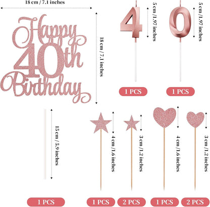 40Th Birthday Cake Decorations, 40Th Birthday Candles Cake Numeral Candles and Glitter Happy 40Th Birthday Cake Toppers Set for Birthday Party Supplies (Rose Gold)2