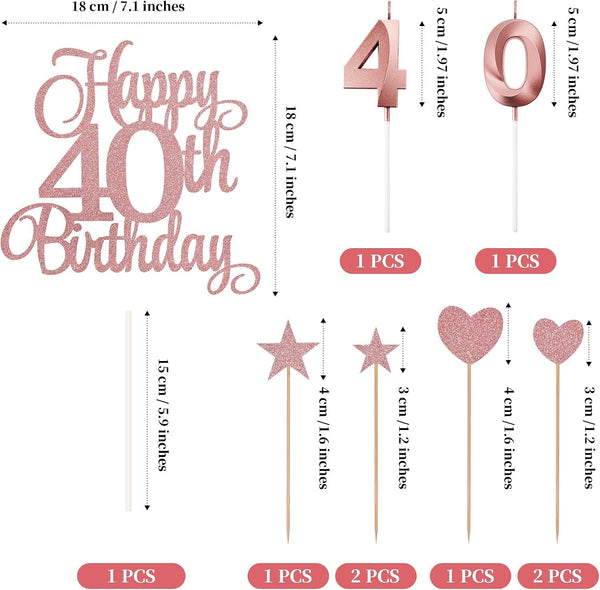 40Th Birthday Cake Decorations, 40Th Birthday Candles Cake Numeral Candles and Glitter Happy 40Th Birthday Cake Toppers Set for Birthday Party Supplies (Rose Gold)2