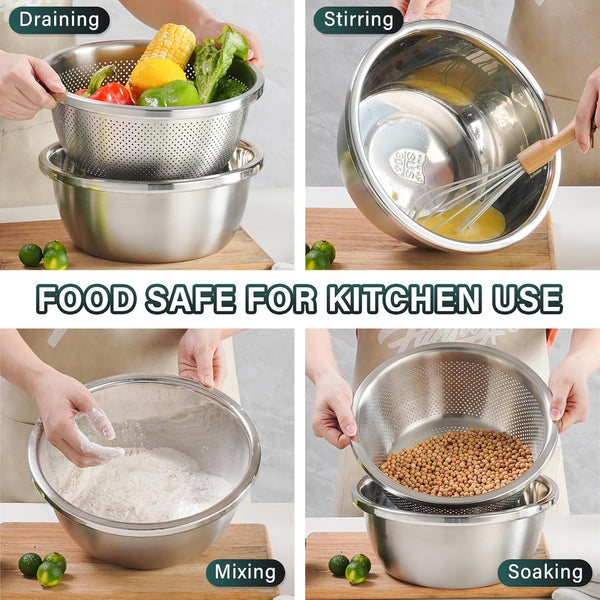 304 Stainless Steel Colander 2QT Microporous Colander & Mixing Bowl for Kitchen Cooking,Rice Strainer with Washing Bowl for Pasta Straining,Fruit Washing,Vegetable Draining(2Pcs)3