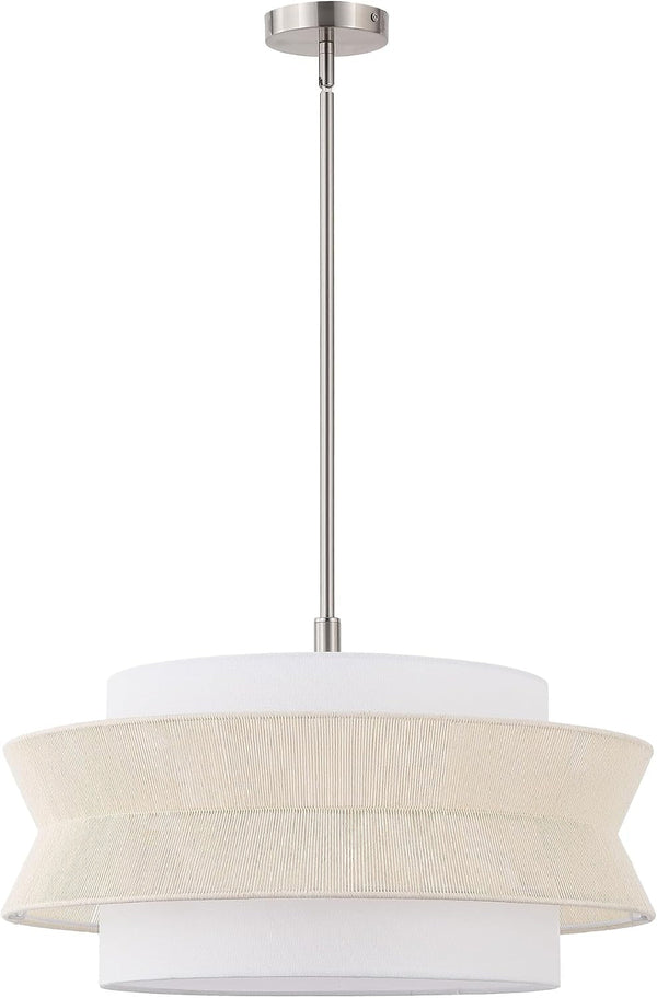 24 in 5-Light Drum Chandelier, Modern Farmhouse Hanging Light with Dual-Layer Woven Rope & Fabric Shade, Brushed Nickel Pendant Light, Adjustable for Dining Room, Kitchen Island, Entryway1