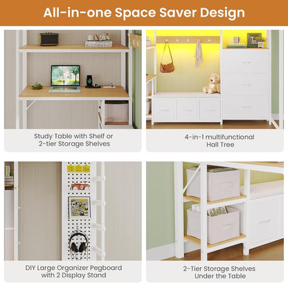 Twin Loft Bed with 6 Storage Drawers,Coat Rack and Open Shelves Metal Twin Size Loft Bed with Desk,Charging Station and LED Light,Loft Beds with Large Pegboard,Stairs and Safety Guardrail,White7