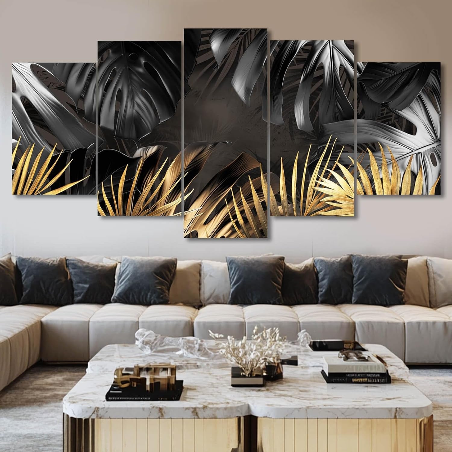 black-and-gold-leaves-painting-wall-decor-for-living-room-nature-canvas-art-modern-artwork-framed-prints-for-home-bedroom-picture-poster-5-pieces-ready-to-hang-12x20x2pcs-12x28x2pcs-12x32