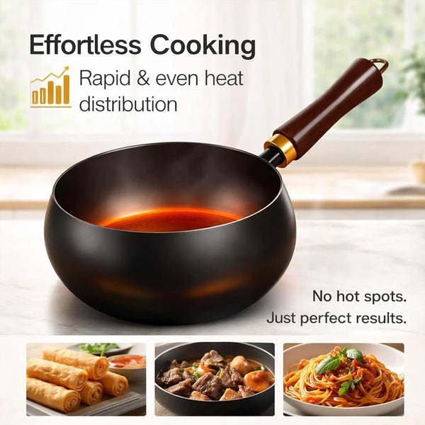 2026 NEW Uncoated Thick Iron Pot with Lid, Japanese Cast Iron Pan, Multifunctional Non-Stick Cast Irons Wok for Cooker Gas Stir Fry Pans (With Wooden Lid, 8 In)7