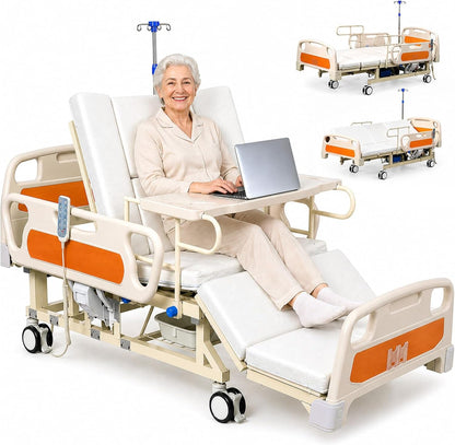 Upgrade 5 Function Full Electric Hospital Bed, Medical Bed with Lateral Tilting for Home Use, Adjustable Hospital Bed with Mattress, Locking Casters, IV Pole1