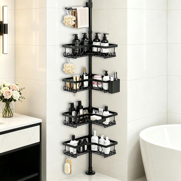 Black Corner Shower Caddy Tension Pole 4-Tier Shower Organizer5