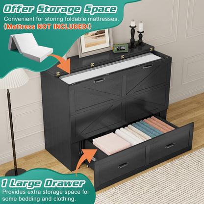 Queen Size Murphy Chest Bed with Drawer and Charging Station, Farmhouse Wood Space-Saving Hidden Folding Bed Chest, Multifunctional Storage Cabinet Beds for Bedroom, Office, Black3