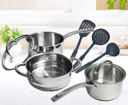 Stainless Steel Saucepan Glass Lid Casting Steel Handle Induction Impact Bonded 8 PCS Set Steamer2