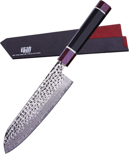 Eternity Series Japanese Santoku Knife with ABS Sheath, Professional Kitchen Knife, 9Cr18Mov Damascus Steel Blade, Resin Octagonal Handle, for Meat, Fruits, Vegetables, 7 Inches1