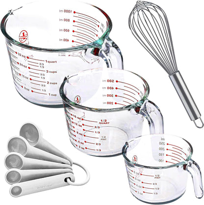 Set of 3 Glass Measuring Cups with Measuring Spoons & Whisk - Kitchen Mixing Bowl Liquid Measure Cup, Glass Bakeware. 1 Cup, 2 Cup, 4 Cup., Multi Size, Clear1
