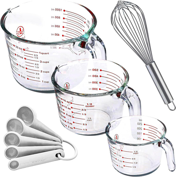 Set of 3 Glass Measuring Cups with Measuring Spoons & Whisk - Kitchen Mixing Bowl Liquid Measure Cup, Glass Bakeware. 1 Cup, 2 Cup, 4 Cup., Multi Size, Clear1