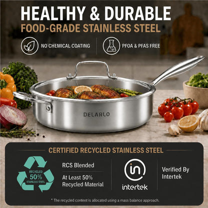 Tri-Ply Stainless Steel Frying Pan,12 Inch Skillet with Lid,6 Quart Saute Pan,Compatible with All Cooktops,Oven up to 660℉,Chicken Fryer,Dishwasher-Friendly5