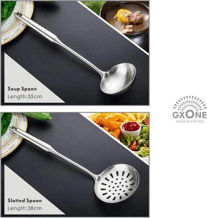 Cooking Utensils Set,6 PCS with Utensils Holder,304 Stainless Steel | round Handle,For Kitchen Cooking,Includes: Wok Spatula, Soup Ladle, Slotted Spoon, Spaghetti Spoon, Utensils Holder4