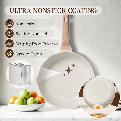 16Pcs Ceramic Pots and Pans Set Non Stick, Includes a 9.5" Grill Pan, Induction Kitchen Cookware Sets, White Nonstick RV Kitchen Camping Cooking Sets Stackable (PTFE, PFOS, PFOA Free)2