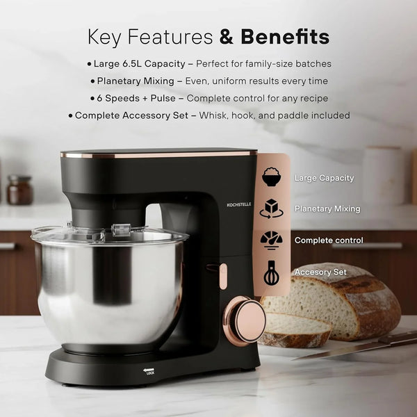 Black Electric Stand Mixer 6.8 Quart Qt, 660W, 6-Speed Adjustable, Stainless Steel Planetary, Portable, Compact & Elegant Kitchen Mixer for Baking & Cooking6