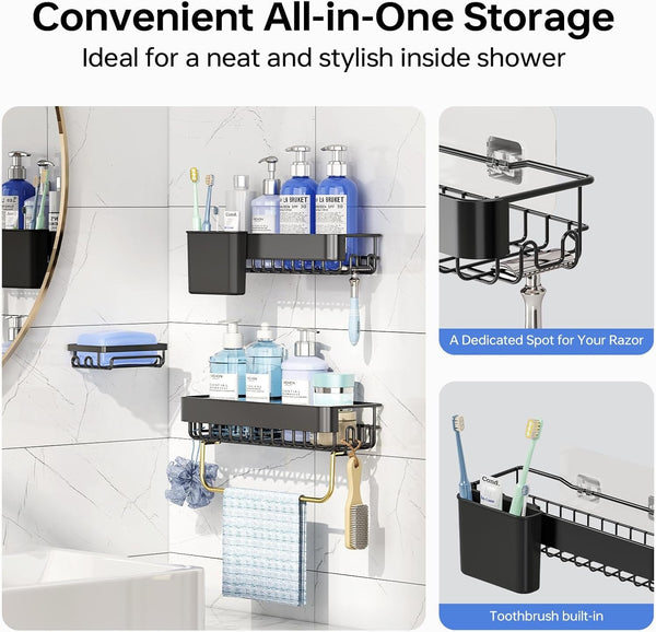 Shower Caddy Adhesive 4-Piece Rust-Resistant Shower Shelves, No-Drill Bathroom Shower Organizer with Large Capacity for Bathroom, Kitchen, and Laundry,Black5
