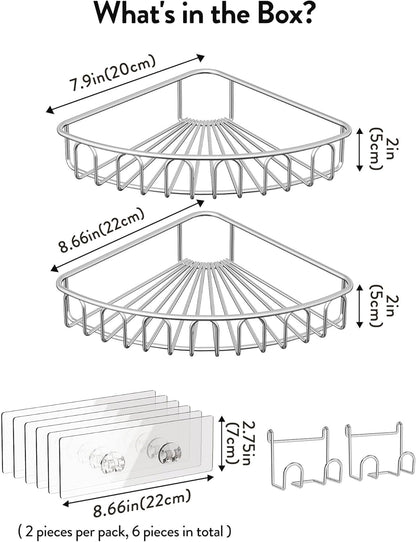 Corner Shower Caddy Stainless Steel with Hooks Wall Mounted Bathroom Shelf Storage Organizer Adhesive No Drilling 2 Pack, Silver Only for 90-Degree Corner10
