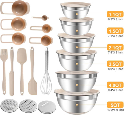 Mixing Bowls with Airtight Lids Set, Non-Slip Silicone Bottoms, Khaki8