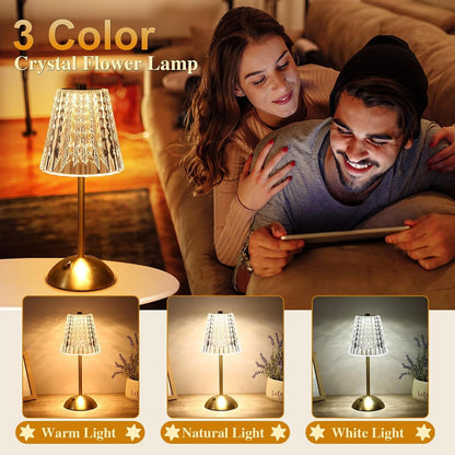 Cordless Lamp,Dimmable Crystal Table Lamp 3 Colors LED Gold Lamp3