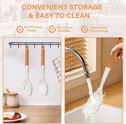 4PCS Silicone Cooking Spatula and Spoons Set, Nonstick Kitchen Utensils Set with Wood Handle, Heat Resistant Silicone Solid and Slotted Spatula Set with Turners, Serving Spoons(Cream White)8