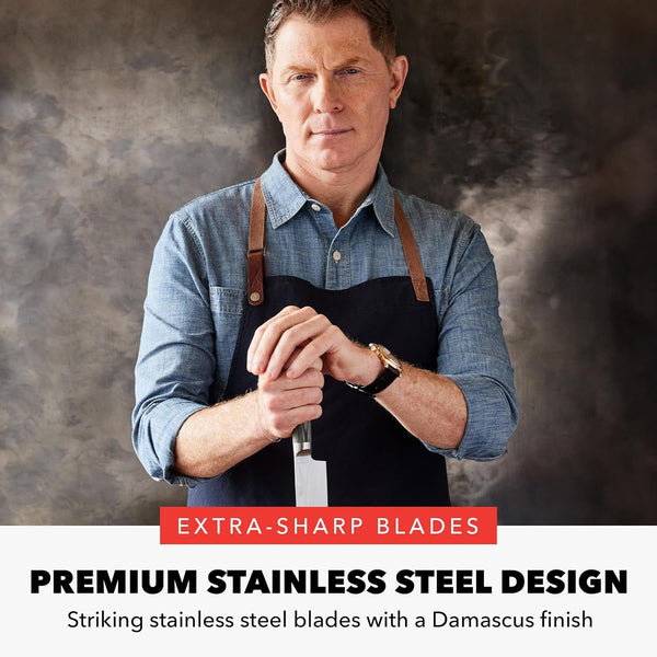 X Bobby Flay 5” & 7” Santoku Knife Set, Premium Stainless Steel Blades, Precision Cutting Kitchen Tools, Ultra-Sharp Cutlery, Hand Finished Ergonomic Wood Handle, Damascus Steel Design2